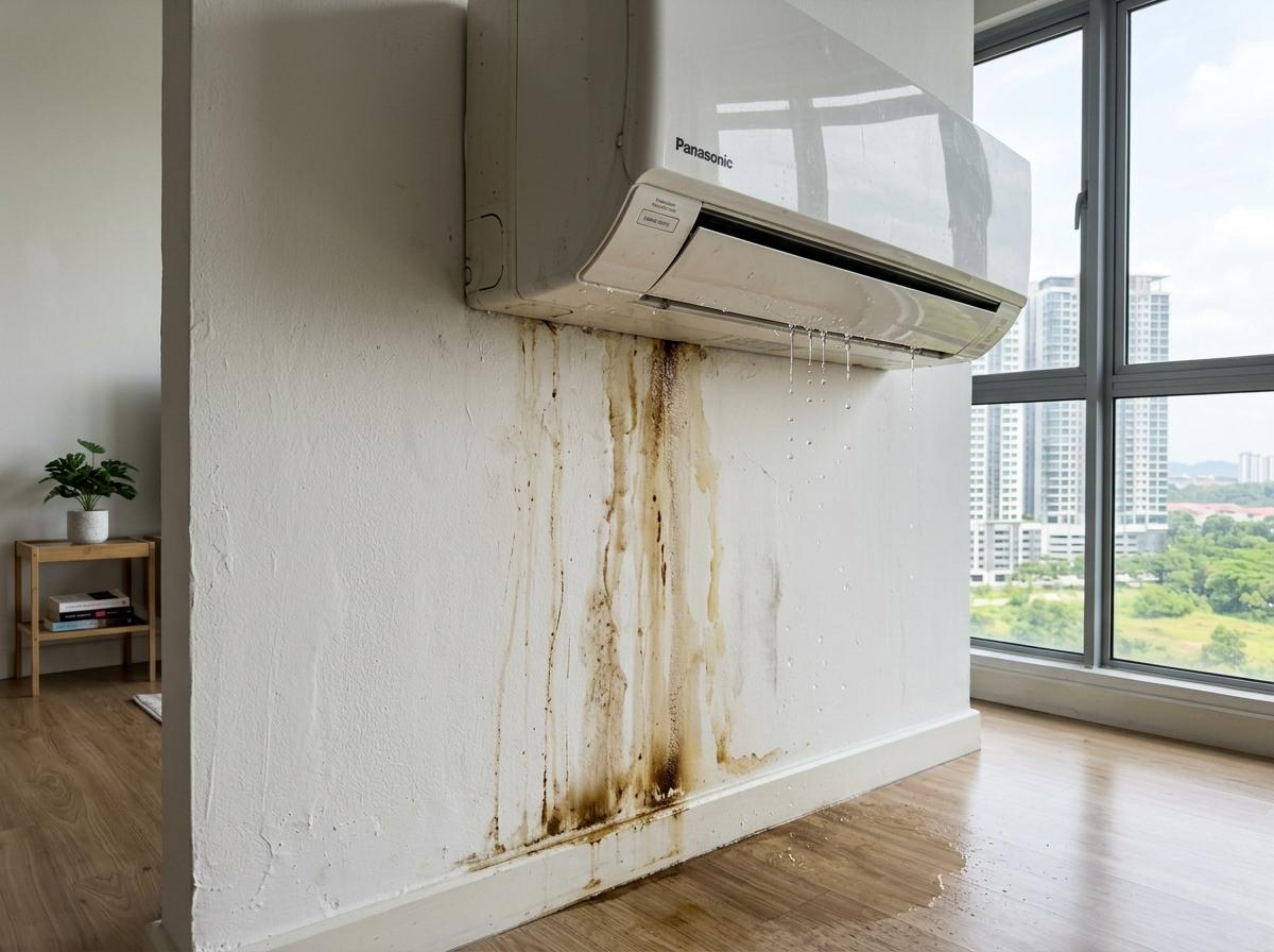 Job 2 before: water dripping and stained wall below unit